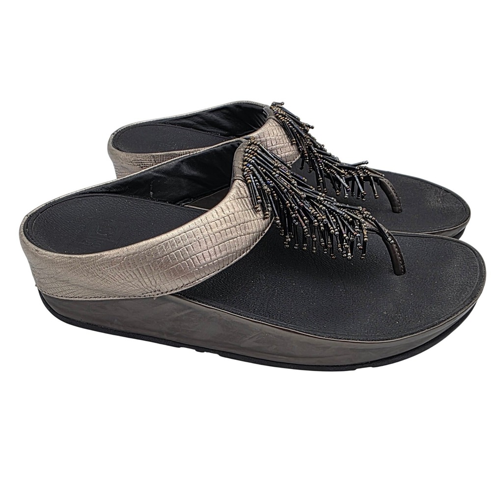 FitFlop Cha Cha Pewter Metallic Beaded Fringe Sandals US 7 336-289